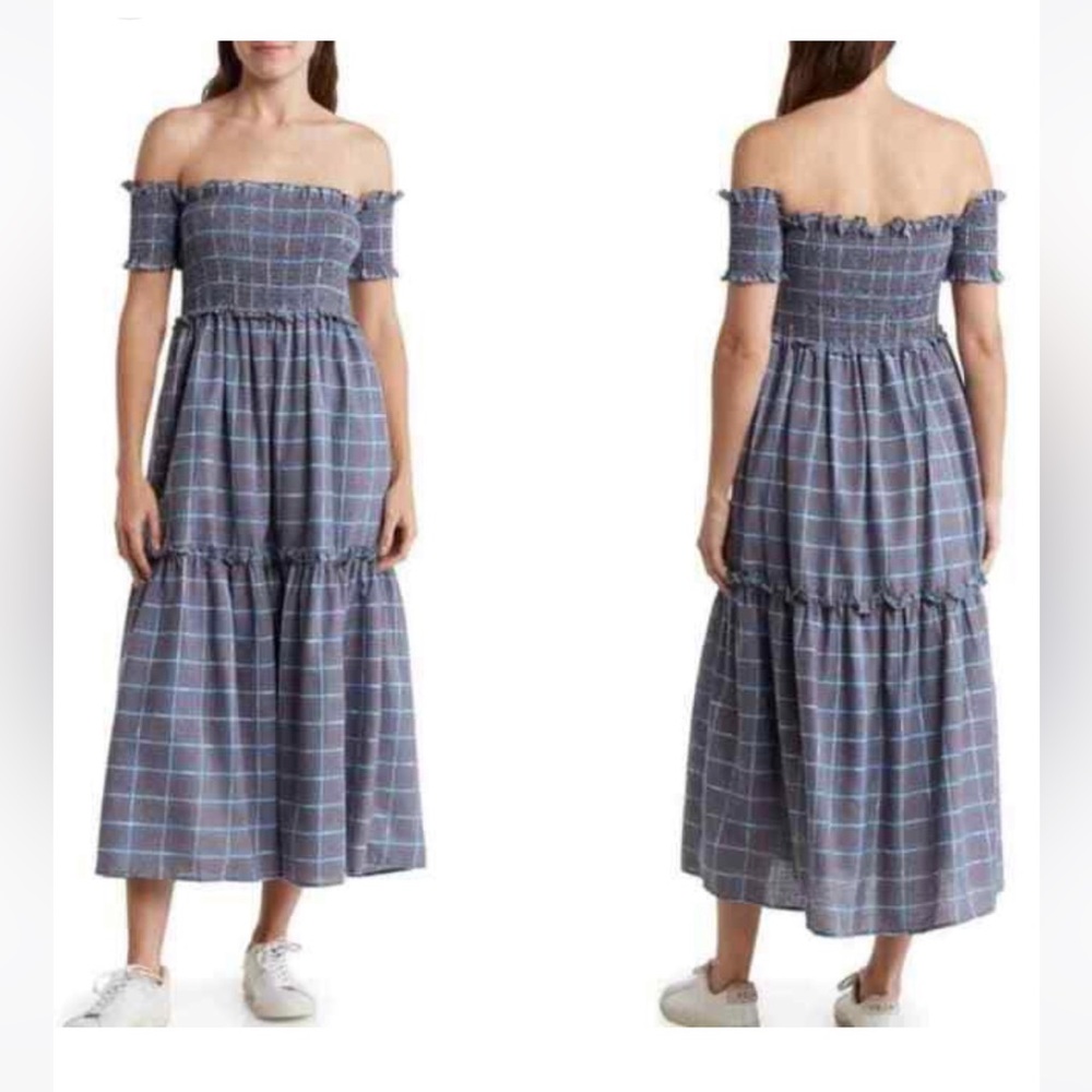 Lumiere off the shoulder smocked midi dress size L